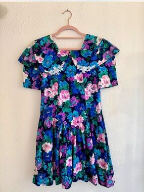 True-Vintage 80s Youthful Neon Floral Mini Dress in Blue, Green & Pink